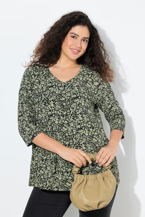 Shirt, Blüten, Zierfalten, A-Linie, V-Ausschnitt, 3/4-Arm