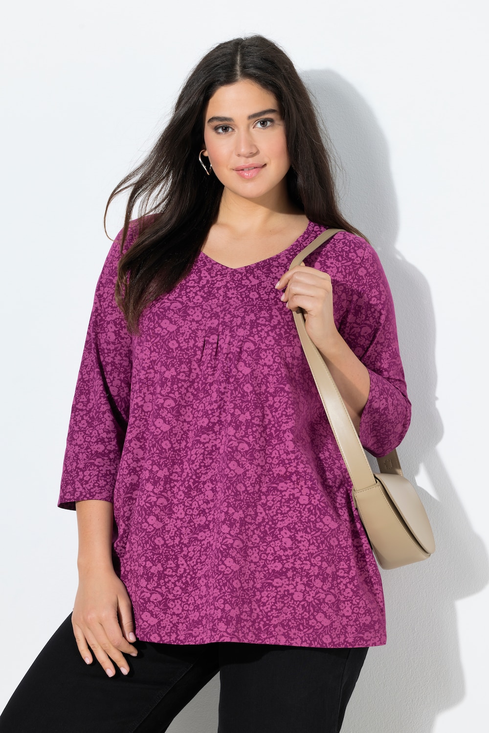 Shirt, Blüten, Zierfalten, A-Linie, V-Ausschnitt, 3/4-Arm