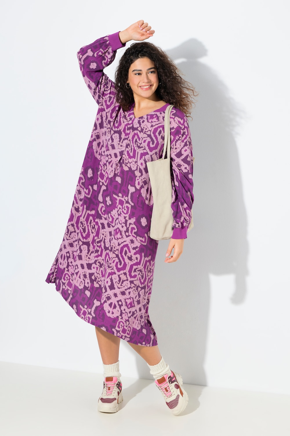 Kleid, Zierfalte, A-Linie, Stehkragen, Glocken-Langarm