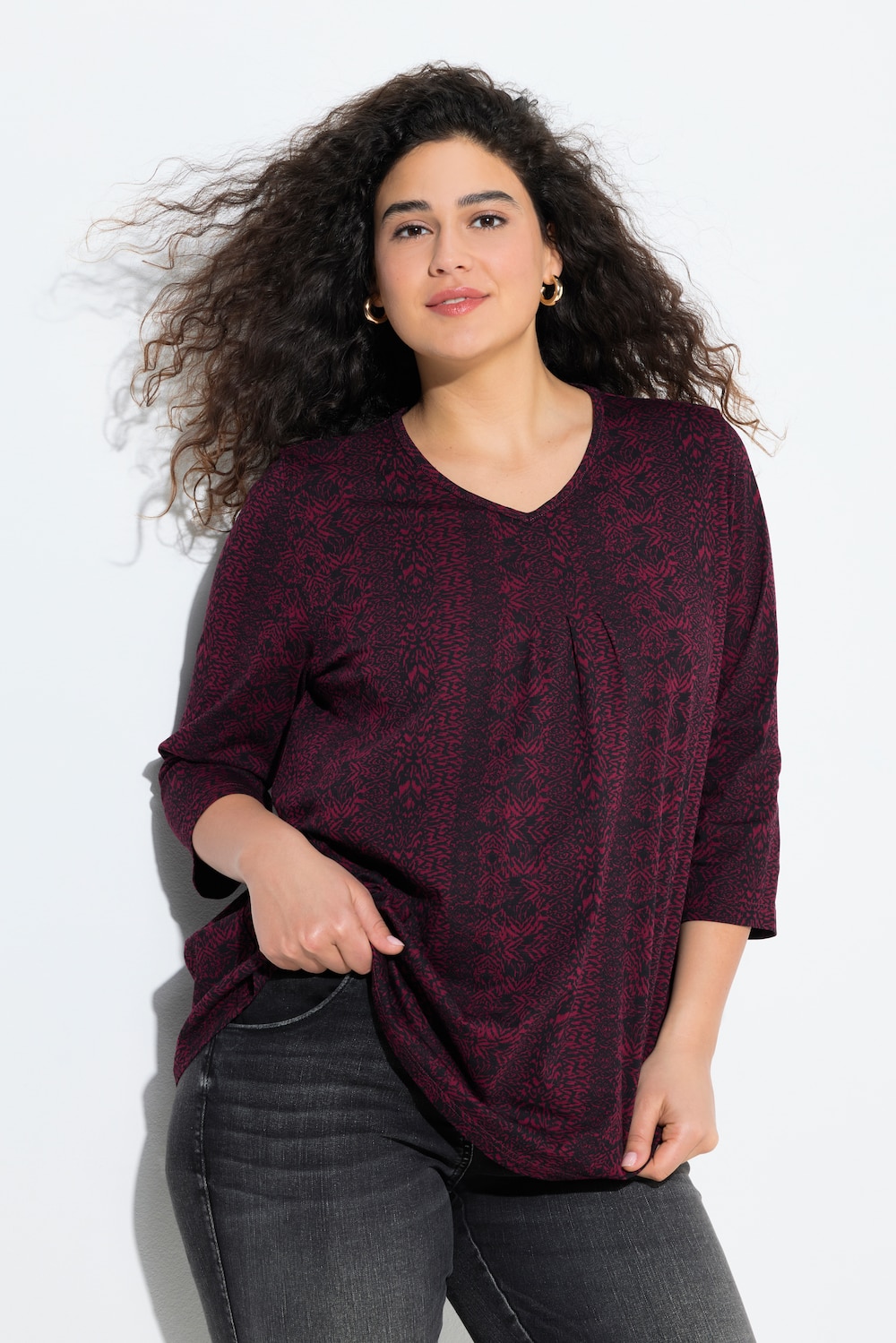 Shirt, Zierfalten, A-Linie, V-Ausschnitt, 3/4-Arm