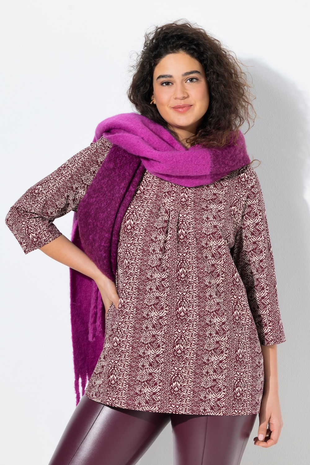 Shirt, Zierfalten, A-Linie, V-Ausschnitt, 3/4-Arm