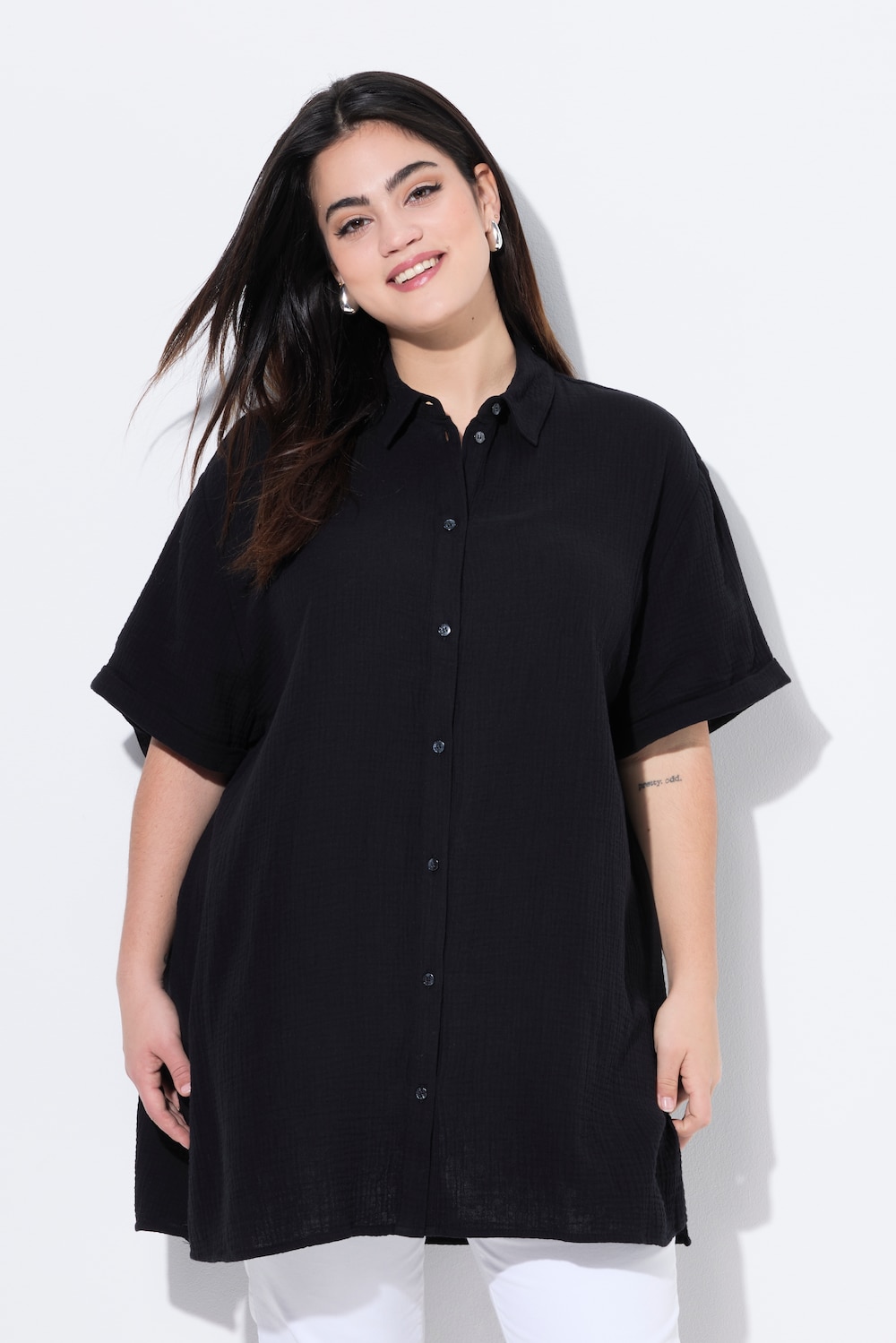 Blouse, oversized, mousseline, oog op de achterkant