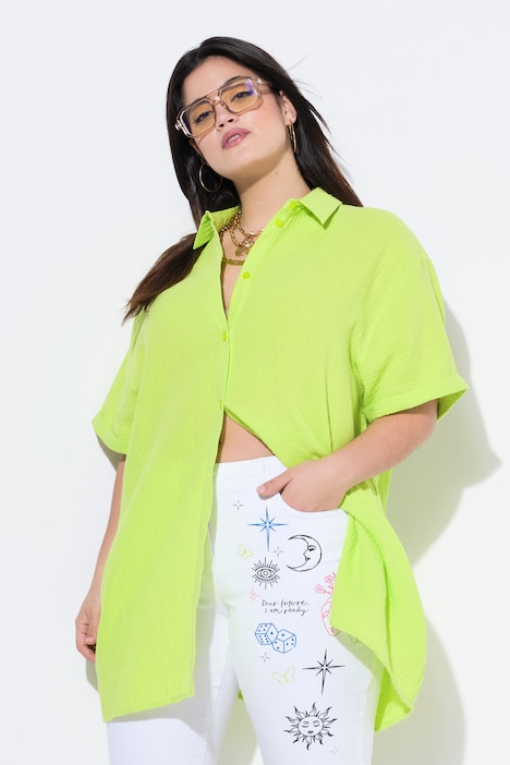 Blouse, oversized, mousseline, oog op de achterkant