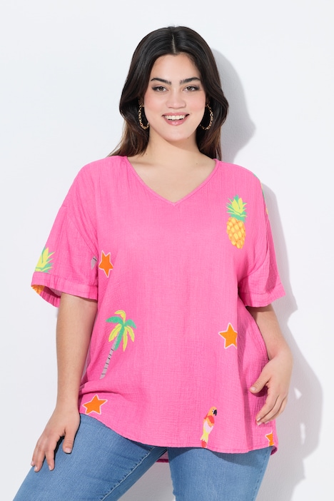Musselin-Bluse, oversized, Druck-Motive