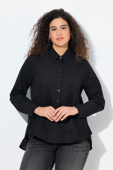 Chemisier évasé à col chemise et manches longues, ourlet à volants