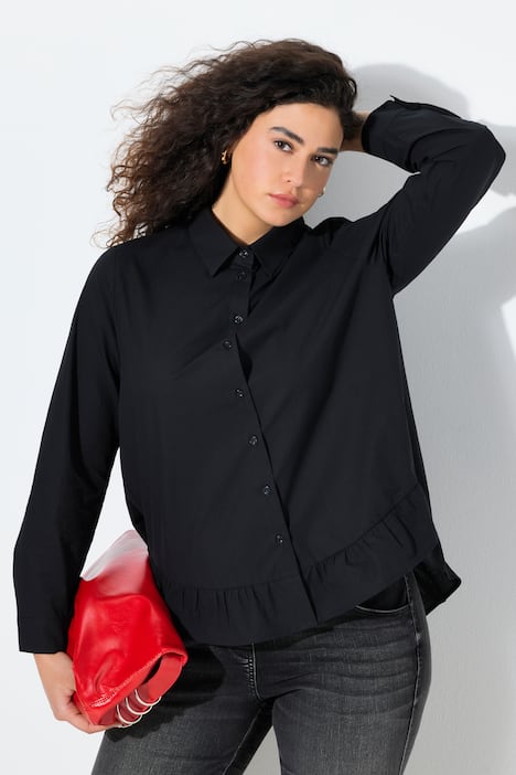 Chemisier évasé à col chemise et manches longues, ourlet à volants