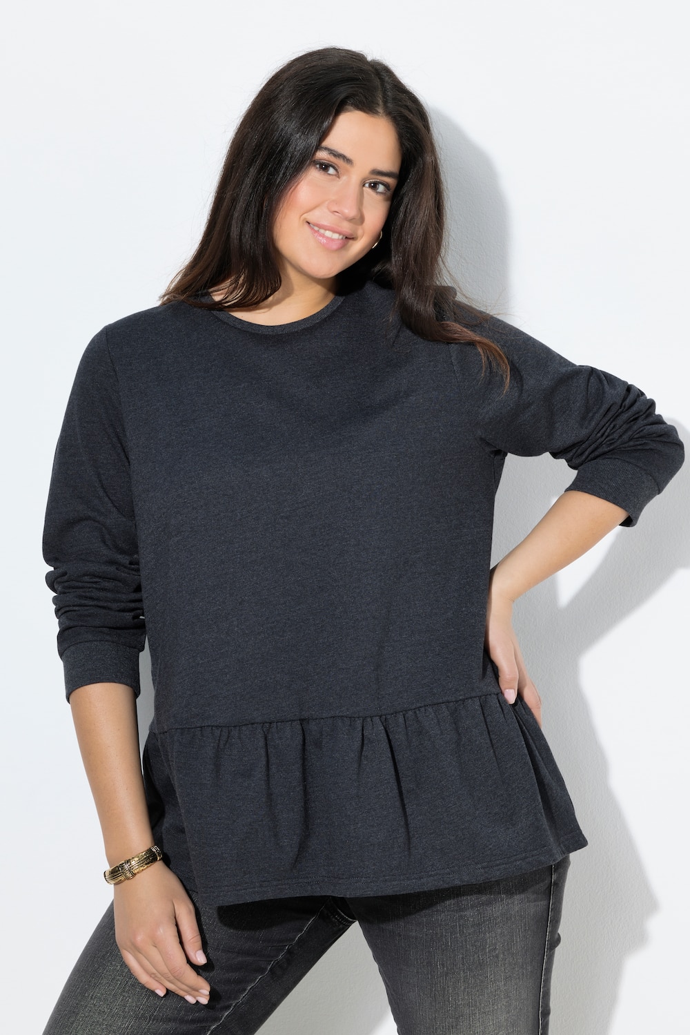 Sweatshirt, volangkant, A-linje, rund hals, langermet