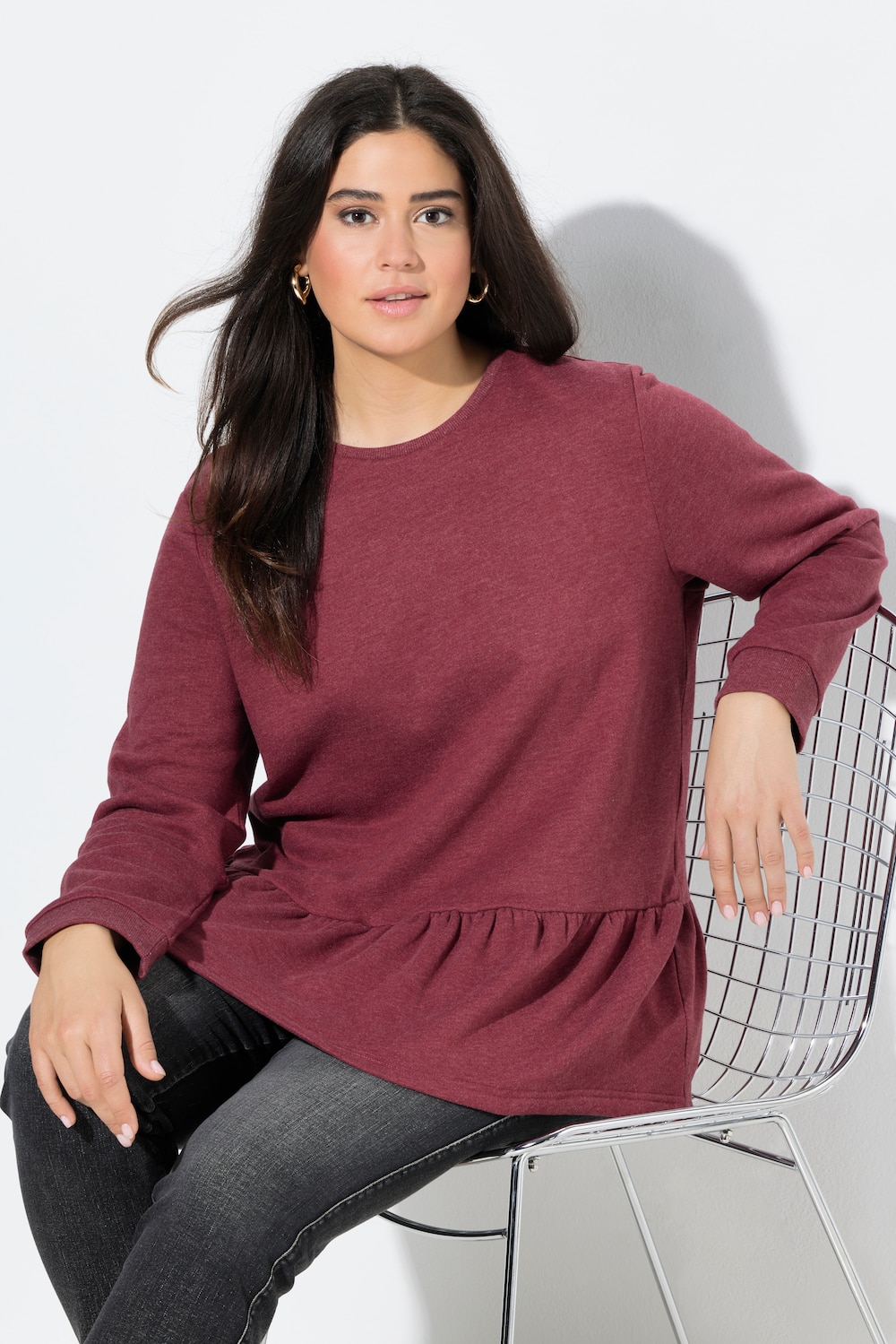 Sweatshirt, volangkant, A-linje, rund hals, langermet