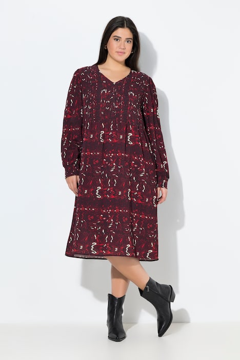 Robe smockée à encolure en V et manches longues