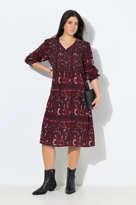 Robe smockée à encolure en V et manches longues