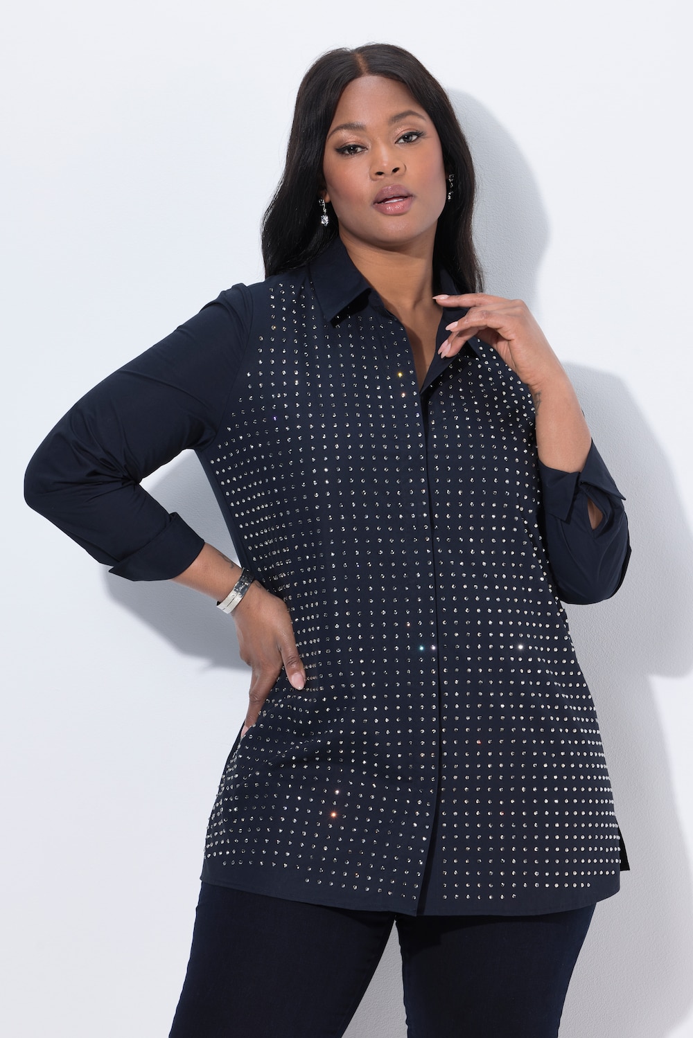 Bluse, Ziersteine, A-Linie, Hemdkragen, Langarm