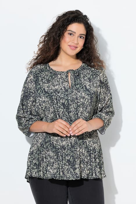 Plissert bluse, paisley, rund hals, 3/4-ermer, dobbeltlags