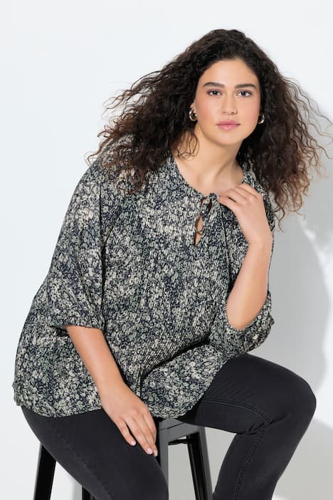 Plissert bluse, paisley, rund hals, 3/4-ermer, dobbeltlags