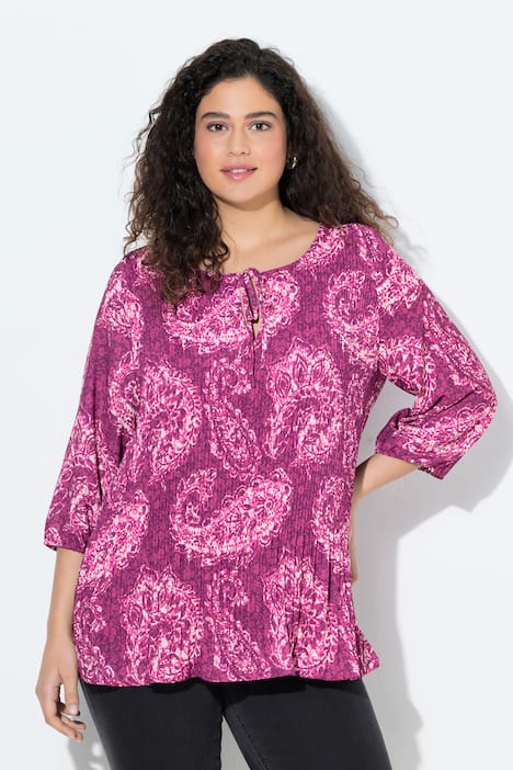 Plissert bluse, paisley, rund hals, 3/4-ermer, dobbeltlags
