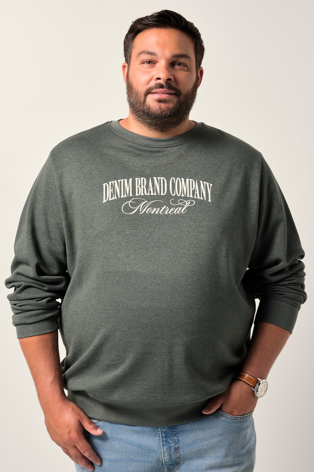 Men+ sweatshirt, gemêleerde sweatstof, borstprint, tot 8XL