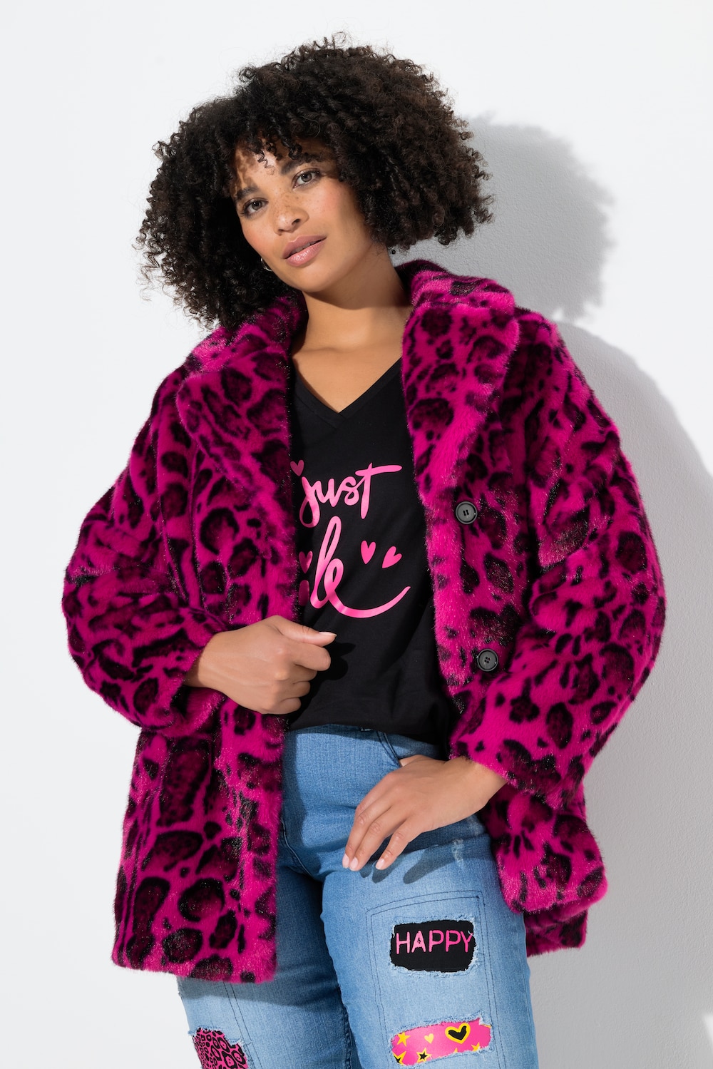 Plüschjacke, Straight Fit, Leomuster, Knopfverschluss