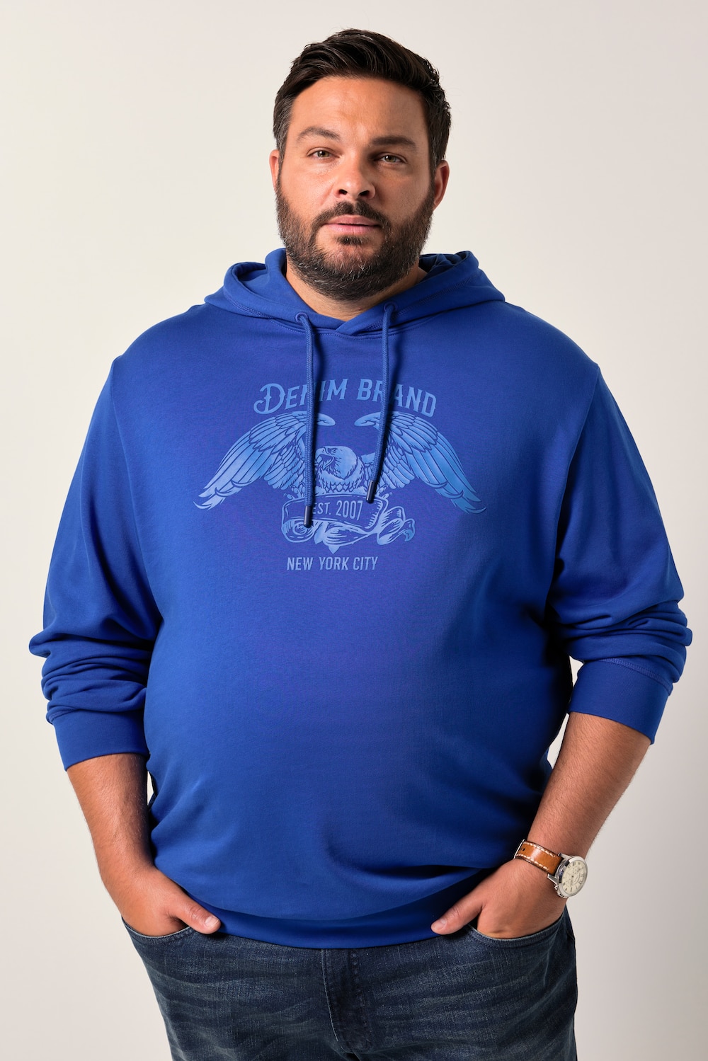 Men+ hoodie, trui met capuchon, borstprint, kangoeroezak, tot 8XL