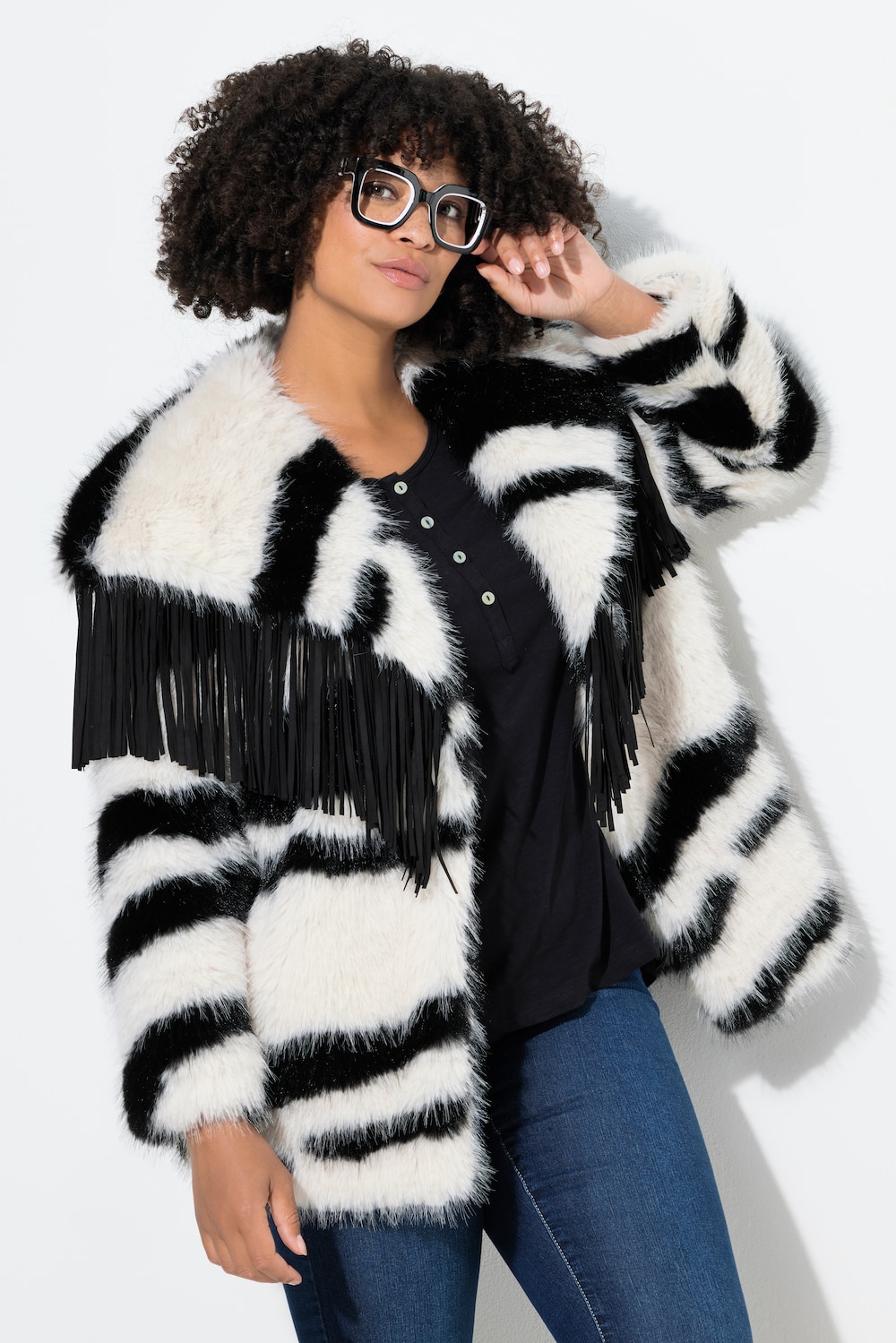 Plüschjacke, Straight Fit, Muster, Kragen mit Fransen