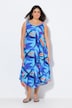 Vestido midi, flores, forma en A, cuello redondo, sin mangas