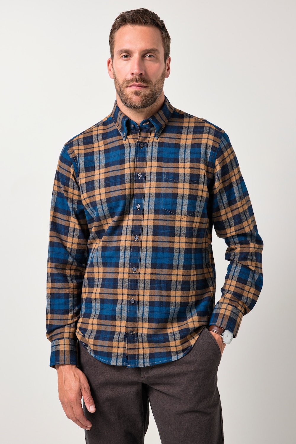 JP1880 Karo-Flanellhemd, Langarm, Buttondown-Kragen, Modern Fit, bis 8 XL