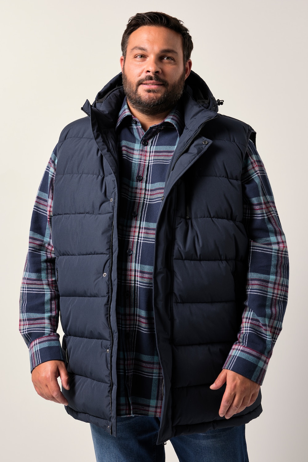 Men+ gewatteerde bodywarmer, capuchon, ritszakken, tot 8XL