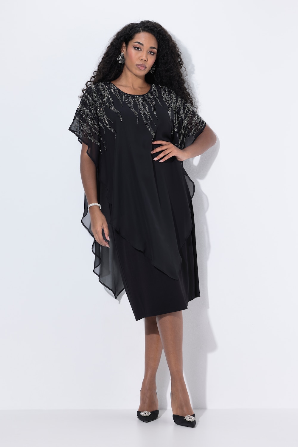 Chiffon-Midikleid, doppellagig, Rundhals, Halbarm