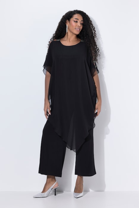 Jumpsuit, Einteiler, Jersey, Chiffon-Überwurf, weites Bein