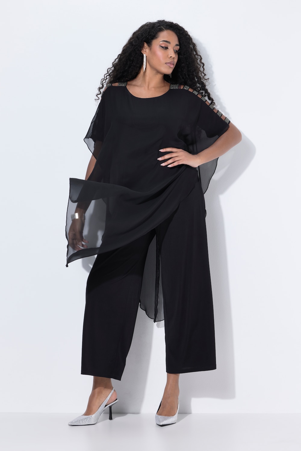 Jumpsuit, Einteiler, Jersey, Chiffon-Überwurf, weites Bein