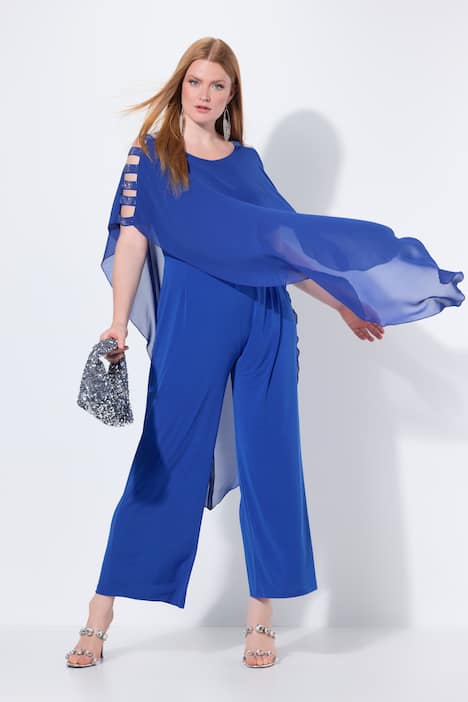 Jumpsuit, eendelig, jersey, chiffon overlay, wijde pijp