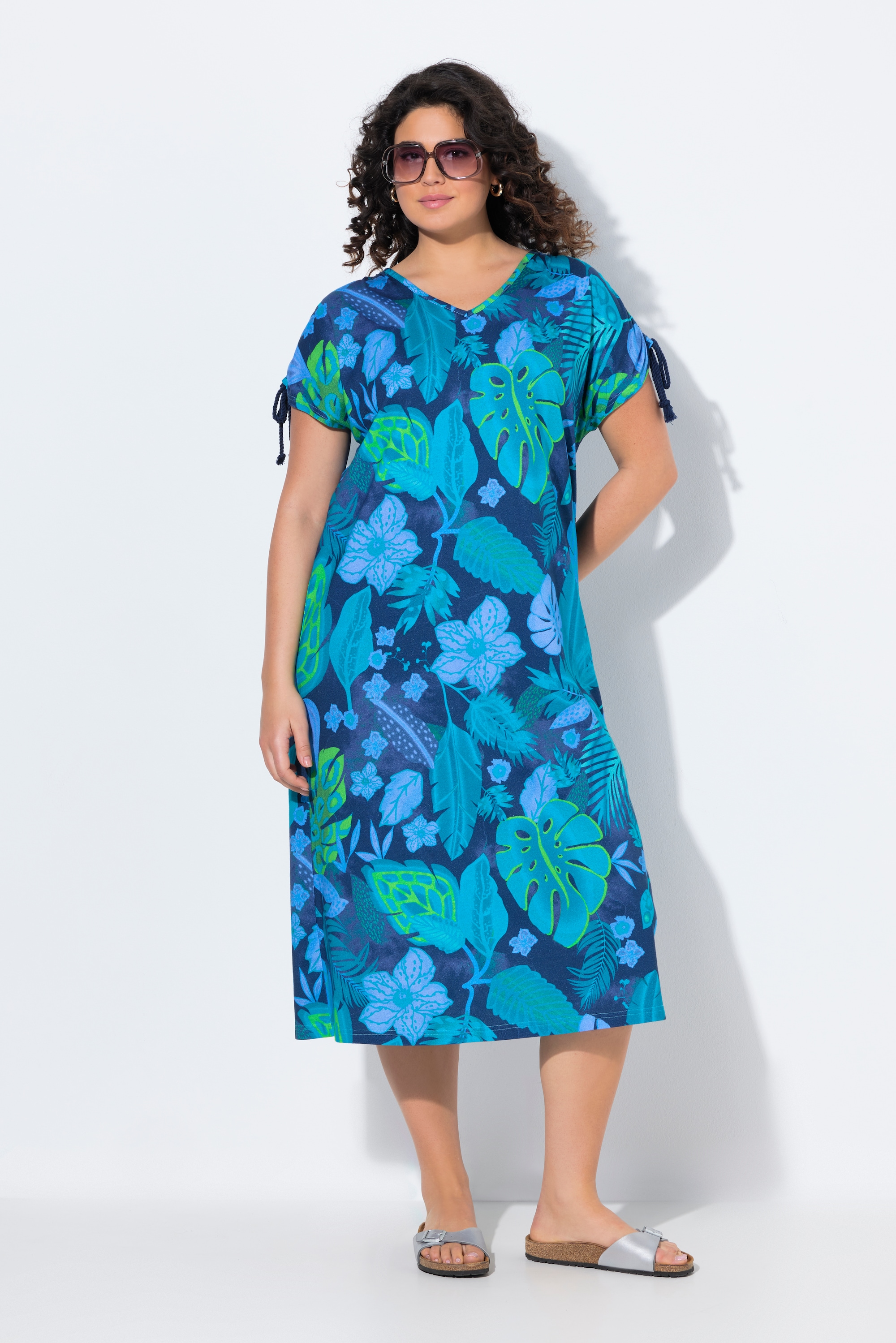Ulla Popken Damen große Größen Jersey Midikleid Blüten A Linie V Ausschnitt