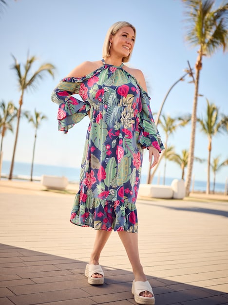 Kleid, A-Linie, Rundhals, schulterfrei, 3/4-Arm