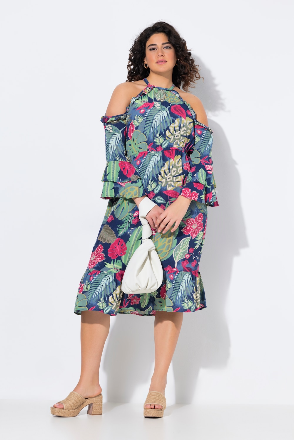 Kleid, A-Linie, Rundhals, schulterfrei, 3/4-Arm