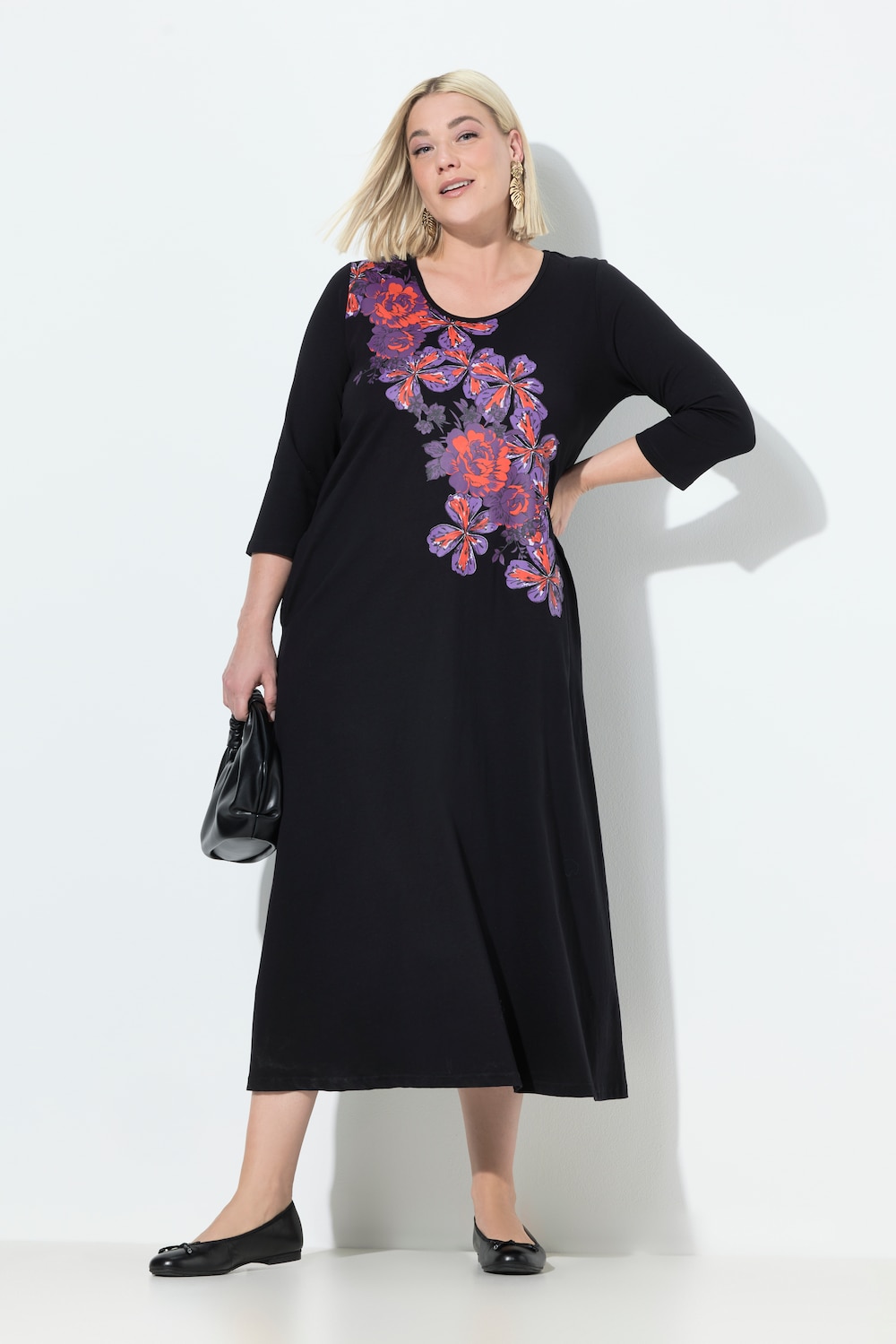 Jersey jurk, bloemen, A-lijn, ronde hals, 3/4-mouw