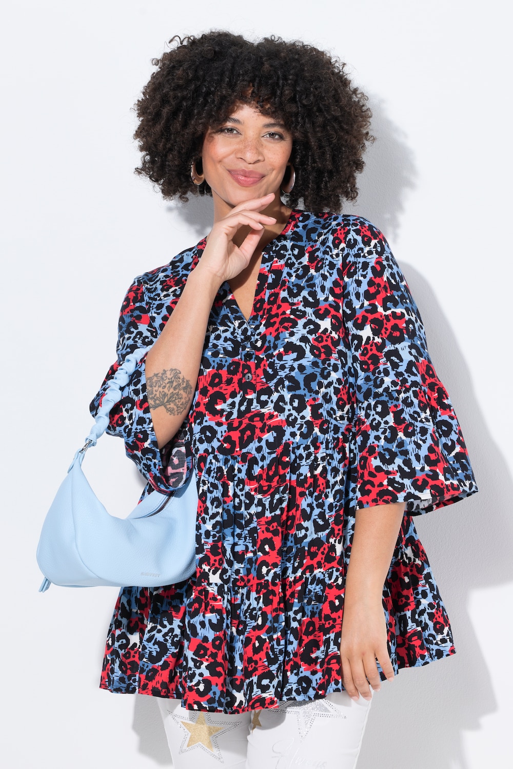 Blouse, A-lijn, gekleurd leomotief, volants
