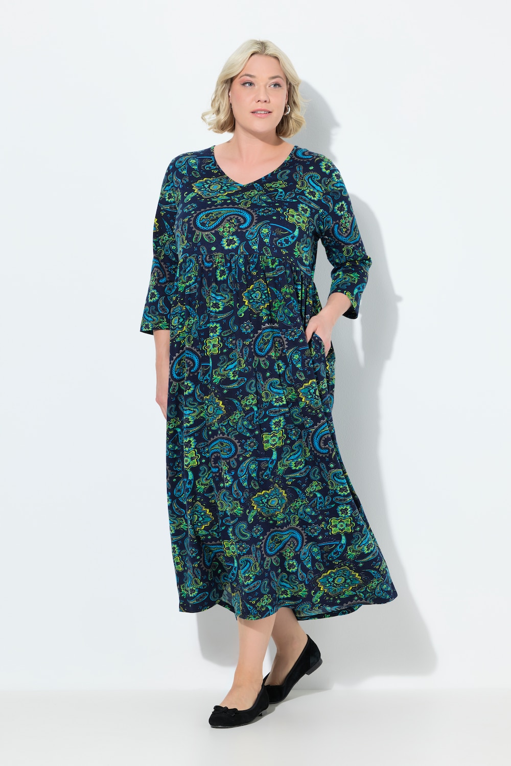 Jersey jurk, paisley, A-lijn, V-hals, 3/4-mouwen