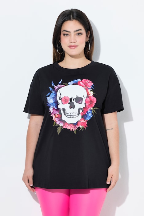 T-Shirt, Boxy Fit, Blumen-Totenkopf-Motiv