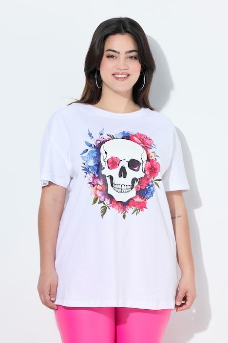 T-Shirt, Boxy Fit, Blumen-Totenkopf-Motiv