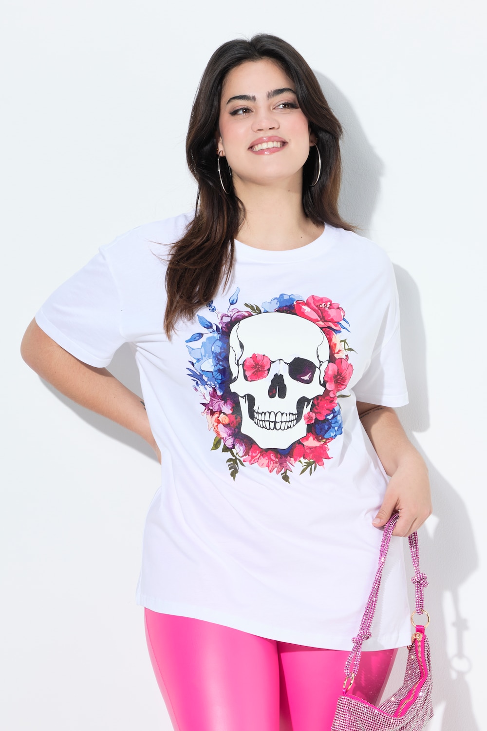 T-Shirt, Boxy Fit, Blumen-Totenkopf-Motiv