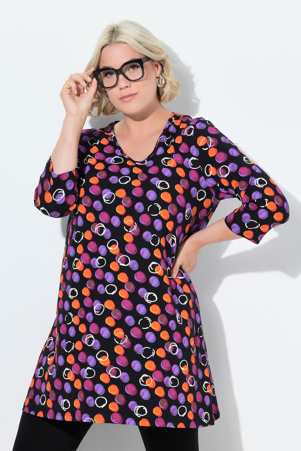 Longshirt, Punkte, A-Linie, V-Ausschnitt, 3/4-Arm