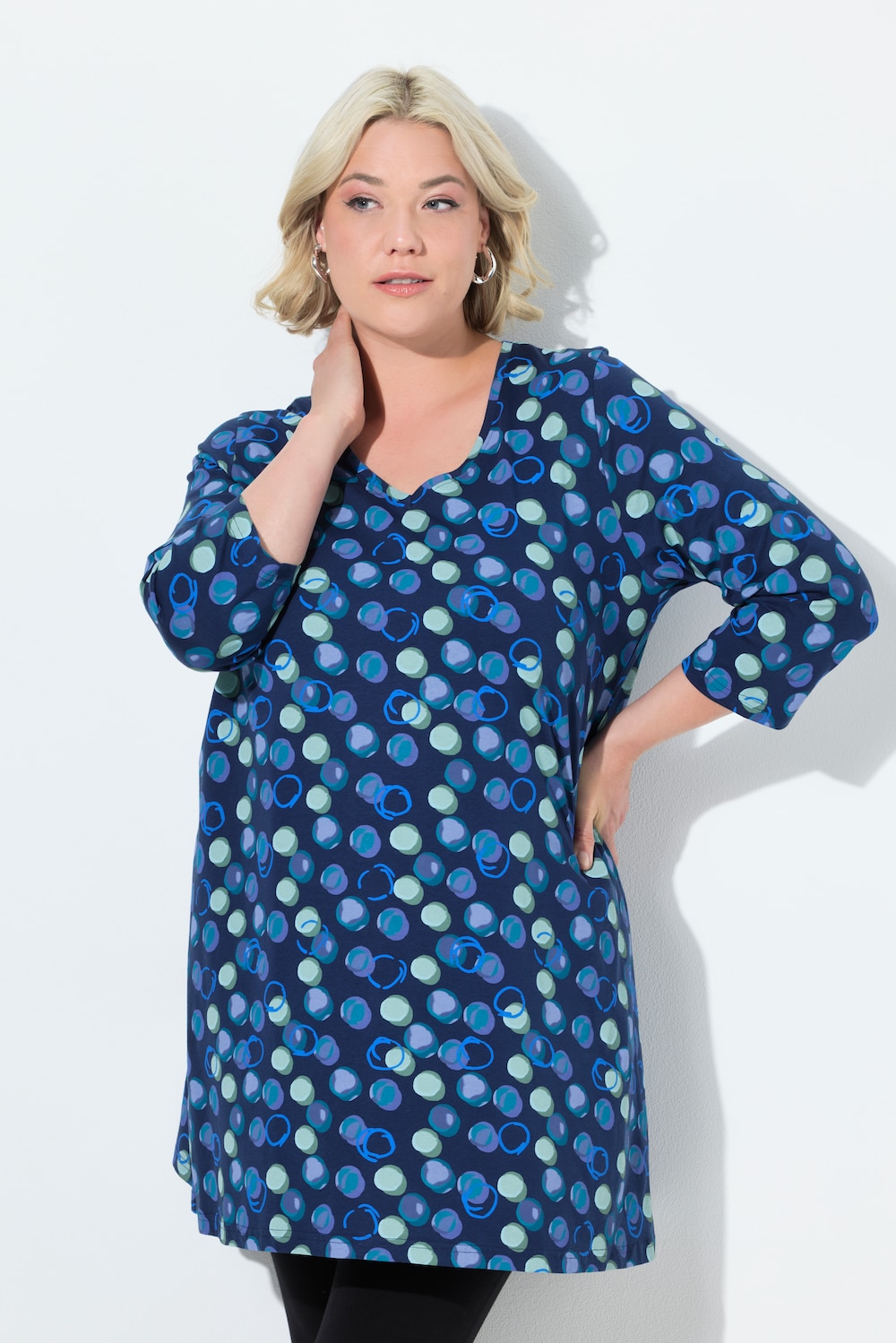 Longshirt, Punkte, A-Linie, V-Ausschnitt, 3/4-Arm