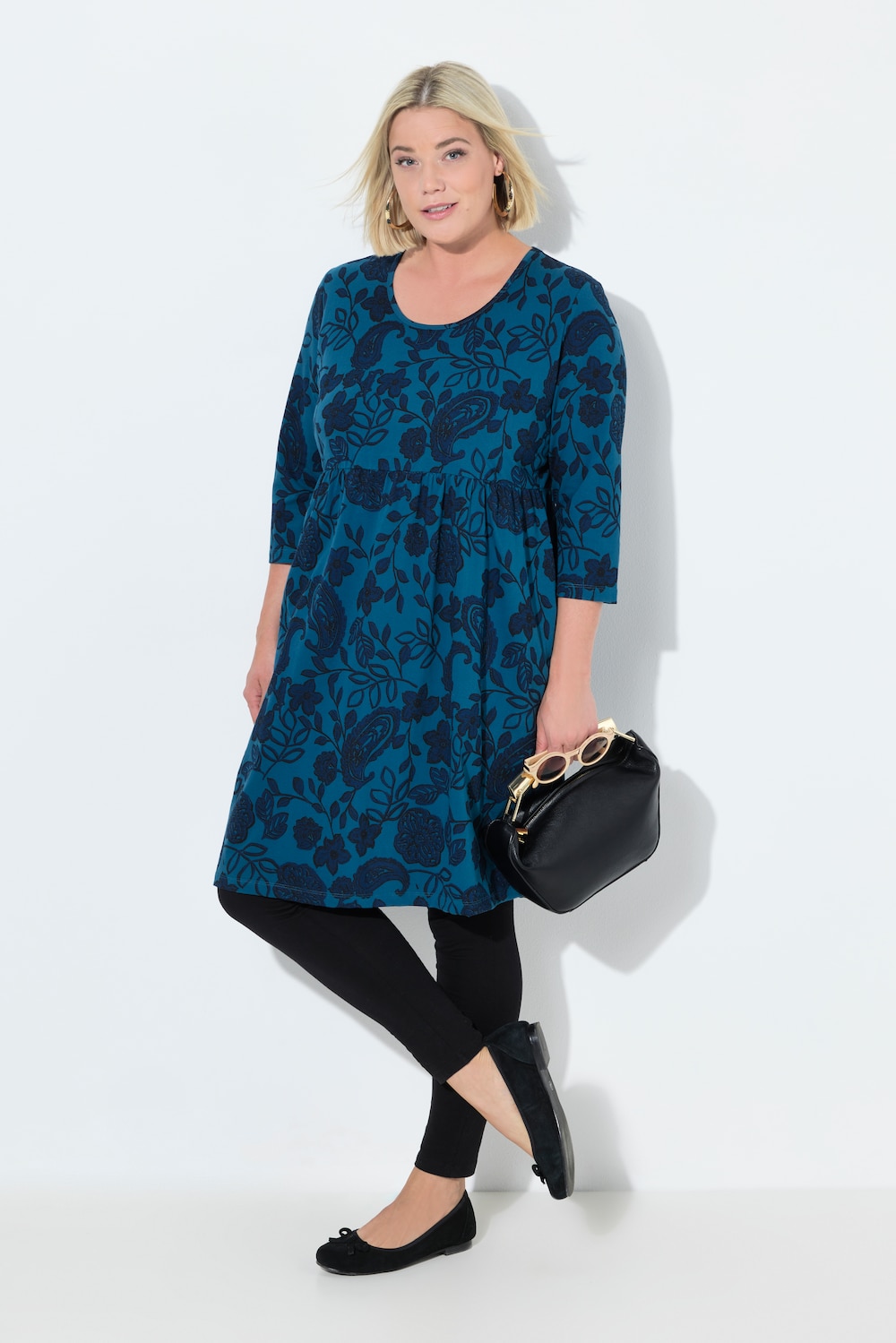 Jersey jurk, paisley, A-lijn, ronde hals, 3/4-mouw