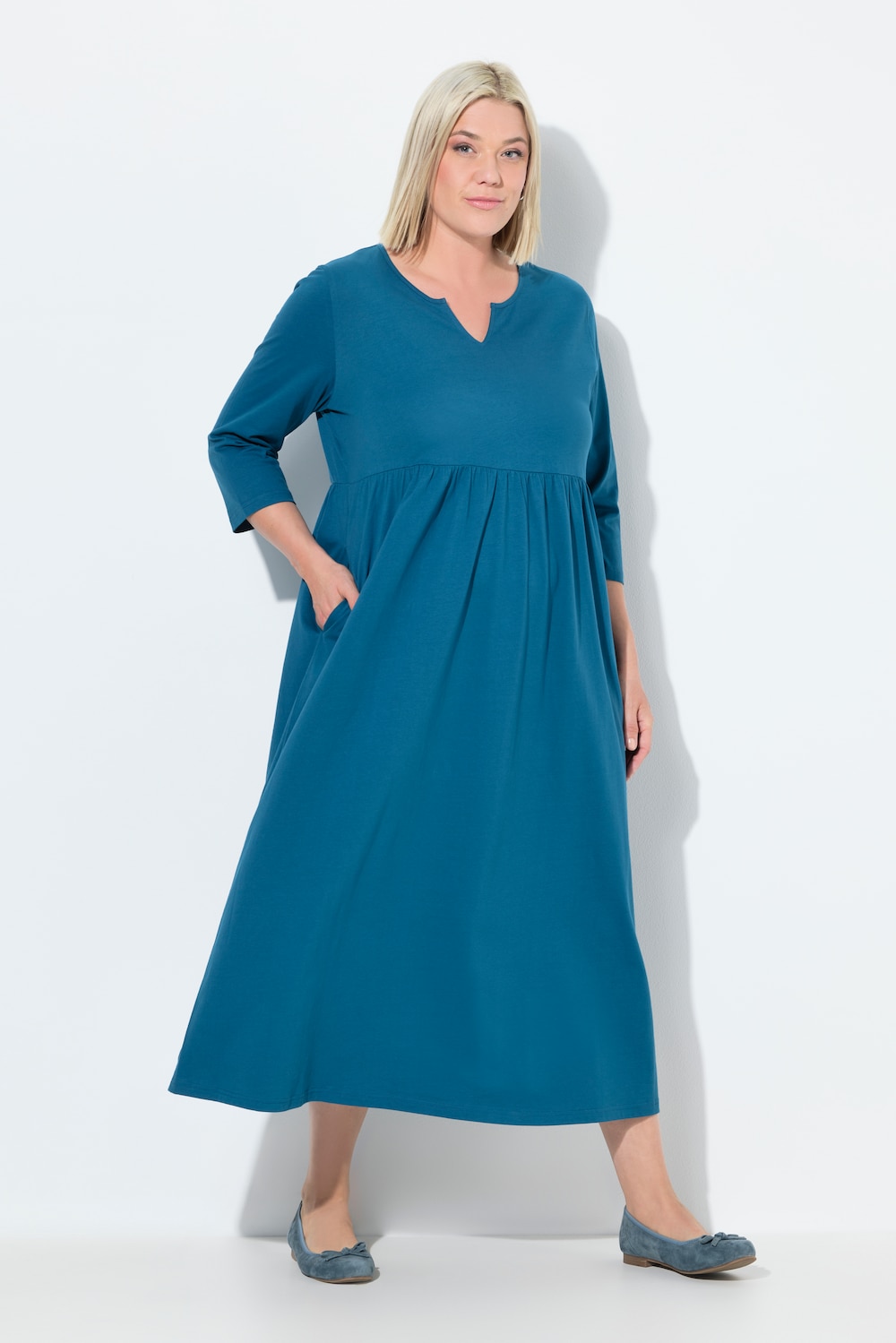 Jerseykleid, A-Linie, Tunika-Ausschnitt, 3/4-Arm