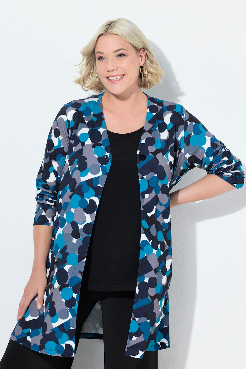 Jersey jas, V-hals, knoopsluiting, lange mouw
