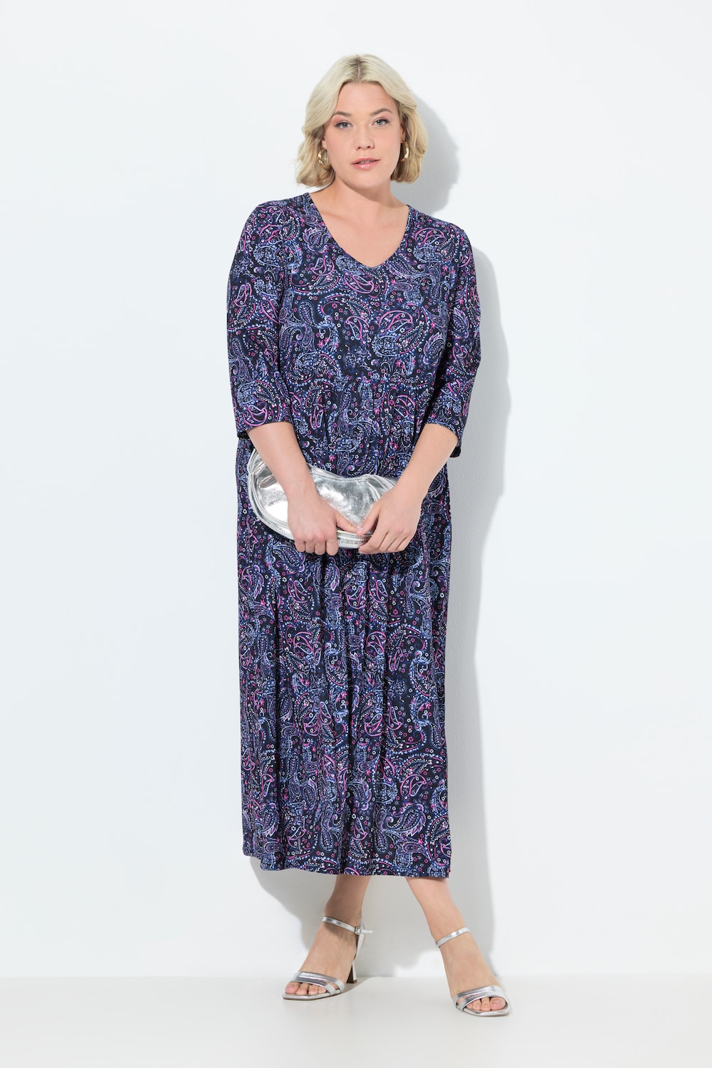 Jerseykleid, A-Linie, V-Ausschnitt, 3/4-Arm