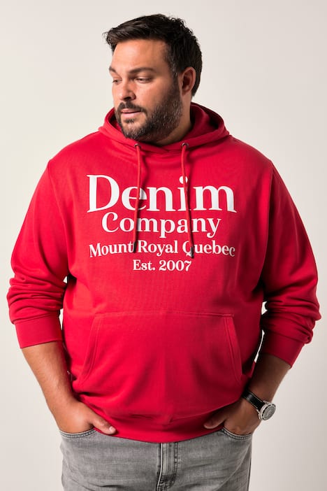 Men+ sudadera con capucha, estampado en el pecho, bolsillo de canguro, hasta 8 XL