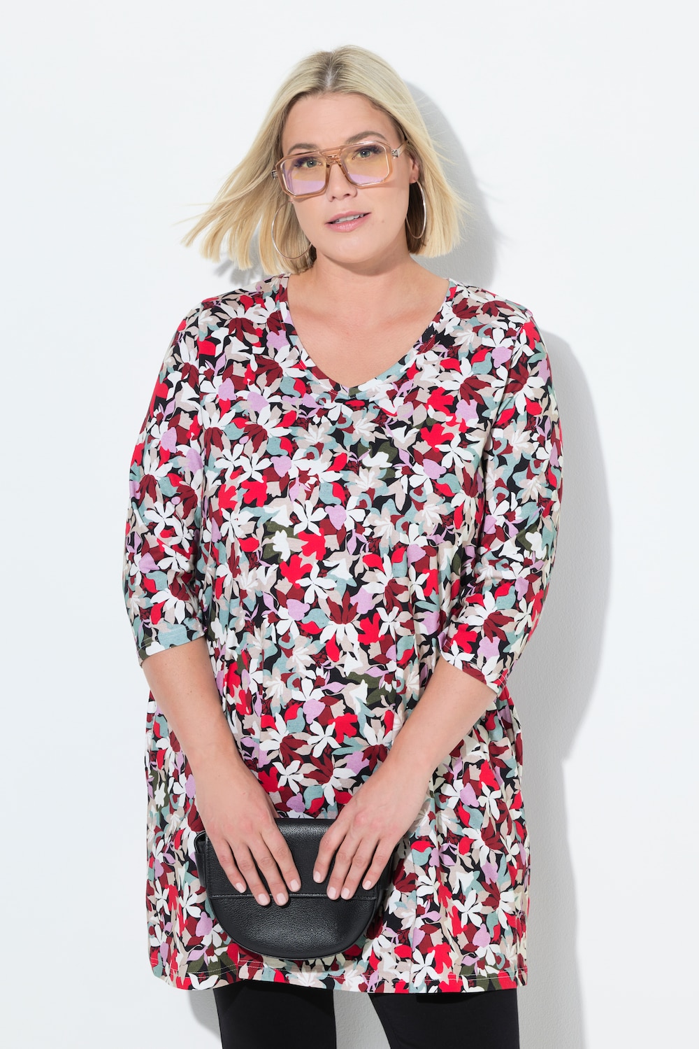 Longshirt, bloemen, A-lijn, V-hals, 3/4-mouwen