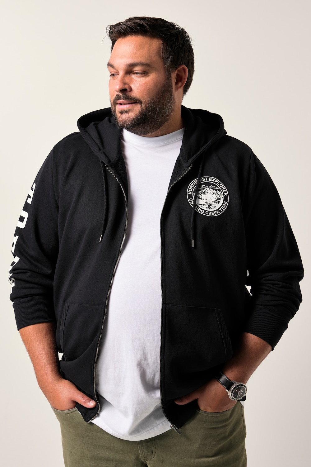 Men+ sweatjakke, hætte, ærmeprint, kængurulomme, op til 8XL