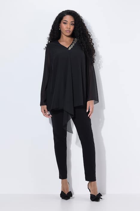 Chiffonbluse, doppellagig, A-Linie, V-Ausschnitt, Langarm