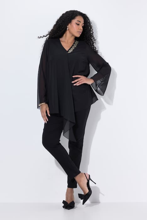 Chiffonbluse, doppellagig, A-Linie, V-Ausschnitt, Langarm