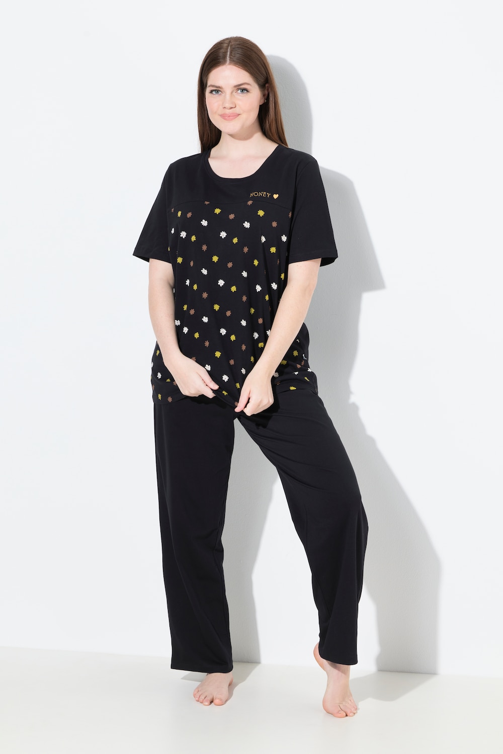 Pyjama, Blüten, Stickerei, Rundhals, Halbarm
